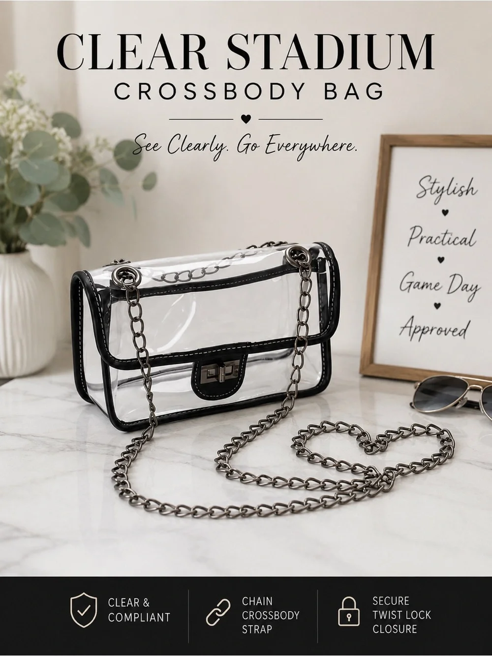 Clear Stadium-Approved Crossbody Bag | Transparent Purse with Chain Strap